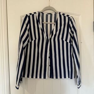 SHEIN Navy and White Striped Button Down Shirt